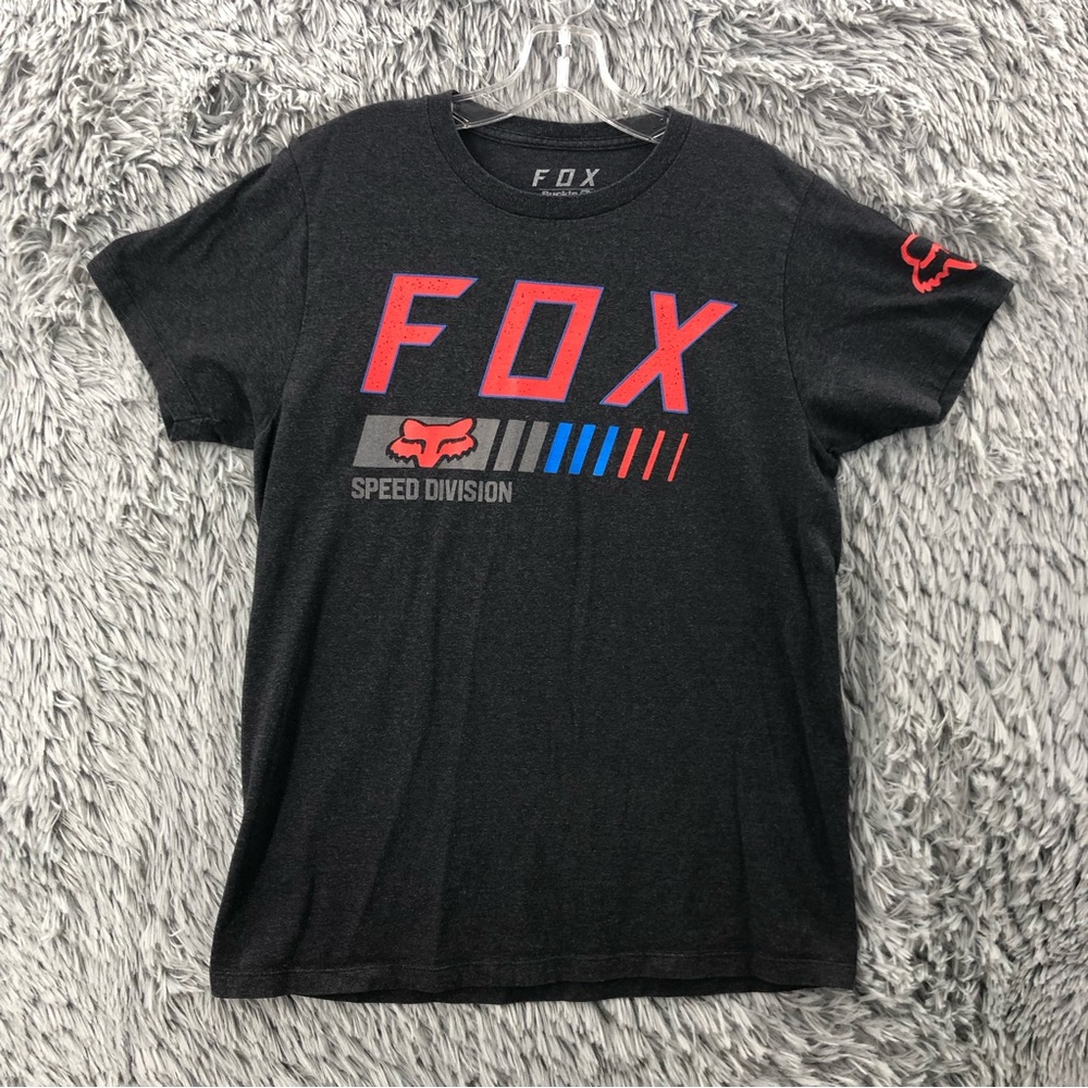 Fox Racing Tshirt Mens Medium Gray Red Logo Spellout Short Sleeve Shirt